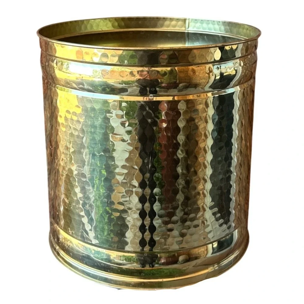 Vintage Hammered Brass Planter Waste Basket Gold Tone Metal Large 12x12
